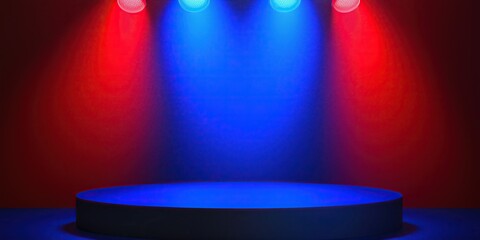 Poster - vibrant empty stage podium illuminated with red and blue lights for performances