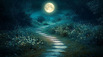 Wall Mural - a stone path leading through a moonlit forest.