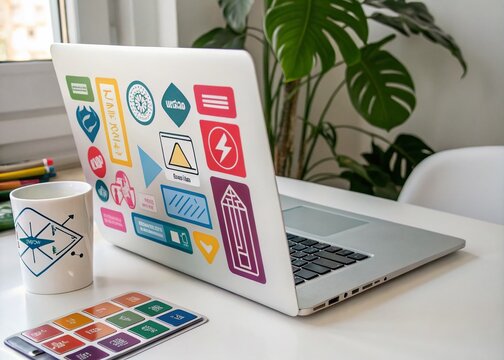 Colorful Computer Stickers on a Laptop with Copy Space for Creative Design Ideas and Personalization