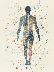 Aufkleber - A silhouette of a human figure is surrounded by vibrant molecules and scientific diagrams, illustrating the connection to biology and science. Generative AI