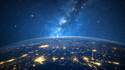 Wall Mural - satellite view of planet earth, north america at night, sunrise, space milky way star constellation