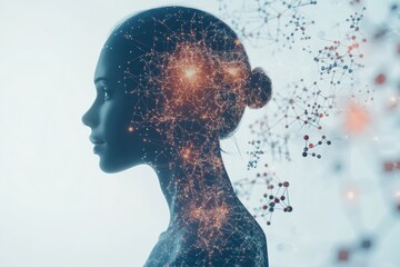 Aufkleber - A human silhouette is encircled by intricate molecules and diagrams, showcasing the fusion of science and human consciousness. Generative AI