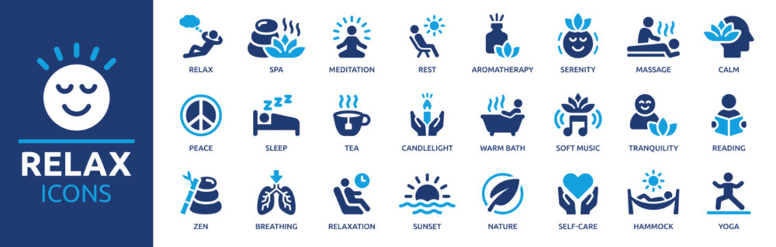 relax icon set. containing meditation, calm, relaxation, yoga, spa, self-care, massage, peace, natur