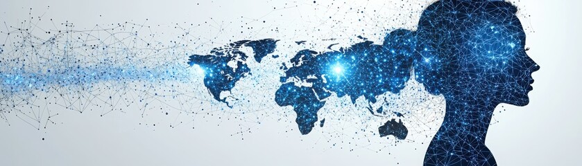 Poster - Explore the connection between a person's silhouette and a digital world map overlay