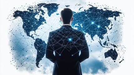 Poster - Professional silhouette exhibits digital network overlaid on global landscape for enhanced connectivity