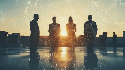 Wall Mural - Silhouettes of four businesspeople standing together on a rooftop with a city skyline in the background at sunset with network lines and connections.