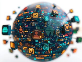 Poster - Explore the stylized globe representing global cybersecurity symbols and their international significance