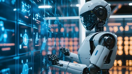 Poster - Representation of a data analyst robot interpreting usergenerated information AI generated illustration