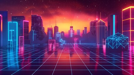 Poster - Retro s inspired neon cityscape in D art AI generated illustration