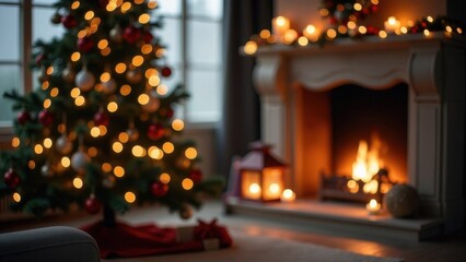 Cozy Christmas scene, Christmas tree adorned with presents and a fireplace in a softly blurred backdrop, home party scene, living room is decorated for new year with spruce branches, candles, wreaths