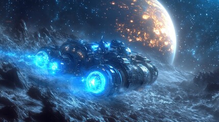 Wall Mural - A futuristic spaceship with glowing engines is landing on a rocky planet with a glowing moon in the background.