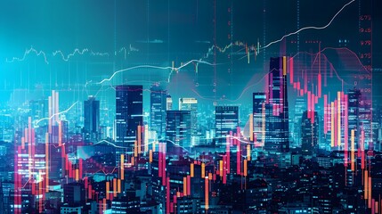 Poster - Silhouettes of skyscrapers with superimposed stock market graphs AI generated illustration