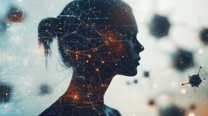 Leinwandbilder - A human silhouette is surrounded by intricate molecules and diagrams, symbolizing exploration in science and innovation across various fields. Generative AI