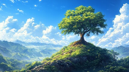 A lone tree stands tall on a hilltop overlooking a valley, with a blue sky and white clouds in the background.