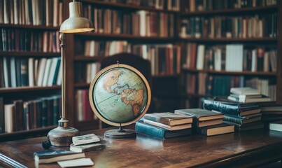 Poster - Vintage globe on wooden desk in library, surrounded by books, warm lighting, scholarly atmosphere