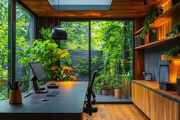 Poster - A modern workspace surrounded by lush greenery, promoting productivity and tranquility.