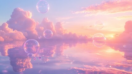 Wall Mural - magical sunset sky with iridescent bubbles floating over the water.