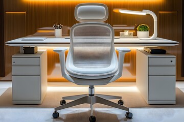 Poster - A modern workspace featuring a sleek desk, ergonomic chair, and stylish lamp.