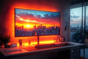Poster - A modern workspace featuring a vibrant sunset view on a computer monitor.
