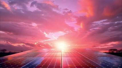 A solar panel array reflecting a vibrant sunset with colorful clouds in the sky.