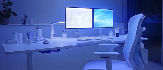 Poster - A modern workspace featuring dual monitors and a sleek desk setup in blue lighting.