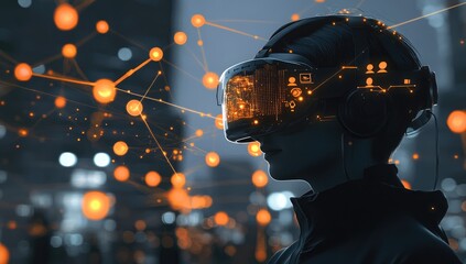 Canvas Print - A man wearing VR glasses is connected to virtual social networks, with glowing orange people icons floating around him and lines connecting their head to various digital connections in the background.