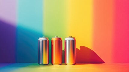 Poster - A colorful banner featuring three aluminum cans set against a bright rainbow backdrop, perfect for LGBT campaigns with ample space for text
