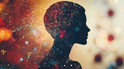 Fototapete - A human silhouette stands against a vibrant background filled with molecules and diagrams, symbolizing knowledge and research. Generative AI
