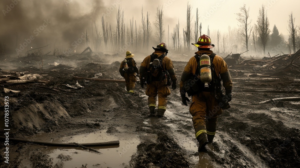 Firefighters walk through mud and debris after a natural disaster to ...