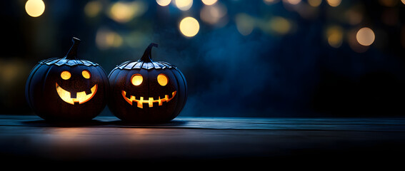 Wall Mural - Two halloween lanterns with evil eyes and face on a wood table with a spooky dark blue background at night with light bokeh.