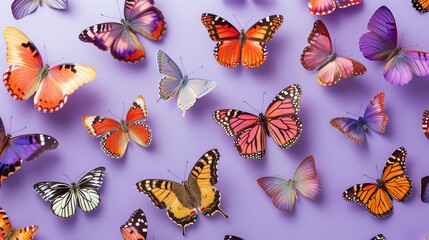 Wall Mural - A collection of colorful butterflies on a purple background.