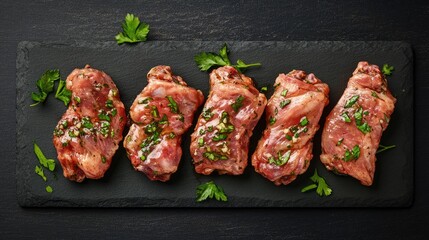 Wall Mural - Savory Fresh Raw Meat Cuts Lined on a Black Slate Plate Surrounded by Green Herbs and Garnish for Culinary Presentation and Recipe Inspiration