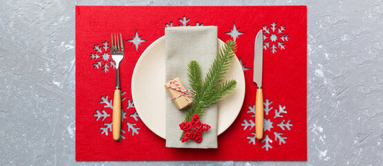 Sticker - Christmas dinner background with rustic decorations and kitchen utensil . View from above