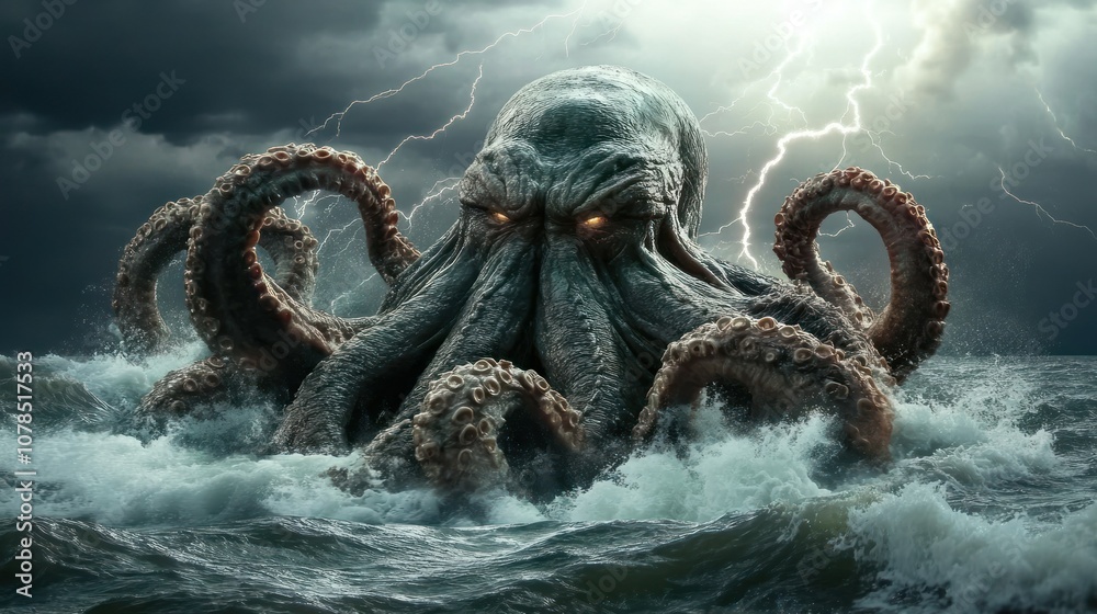 Scary Cthulhu monster that appears in the sea with storms and lightning ...