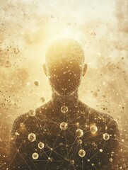 Aufkleber - A human silhouette is enveloped in golden light, surrounded by molecular structures and diagrams that symbolize scientific inquiry and discovery. Generative AI