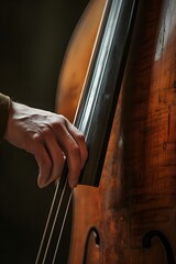 Poster - Single hand plucking the strings of a standing bass in a minimal setting AI generated illustration