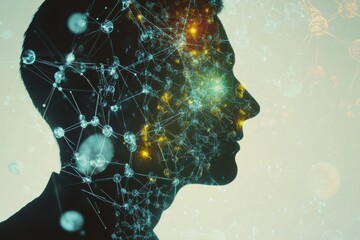 Poster - A silhouette of a person is enveloped by vibrant molecules and scientific diagrams, symbolizing the complexity of human knowledge. Generative AI