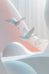 Poster - Soft pastel D birds in flight over an abstract minimalist setting AI generated illustration