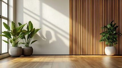 Wall Mural - Minimalist room with wood panel wall, plants, and sunlight.