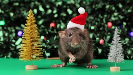 Poster - Colored rat on a green background. Mouse among toy Christmas trees. Pet in a red Santa hat. Bokeh from blinking lights of a festive garland. New Year concept