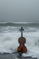 Poster - Sound of waves crashing accompanied by a single mournful violin AI generated illustration