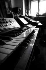 Poster - Sparse synthesizer notes reverberating throughout a strippeddown studio AI generated illustration