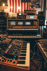 Poster - Sparse synthesizer notes reverberating throughout a strippeddown studio AI generated illustration