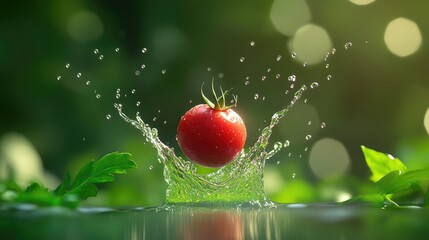 Aufkleber - A vibrant red tomato splashes in mid-air against a fresh, lush green backdrop, droplets flying everywhere, emphasizing energy and freshness