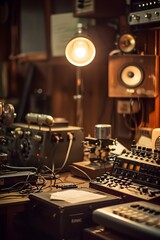 Poster - Studio room filled with vintage broadcasting equipment as the word Podcast hovers in the golden spotlight AI generated illustration