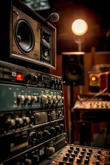 Poster - Studio room filled with vintage broadcasting equipment as the word Podcast hovers in the golden spotlight AI generated illustration