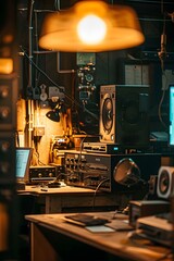 Poster - Studio room filled with vintage broadcasting equipment as the word Podcast hovers in the golden spotlight AI generated illustration