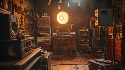 Poster - Studio room filled with vintage broadcasting equipment as the word Podcast hovers in the golden spotlight AI generated illustration