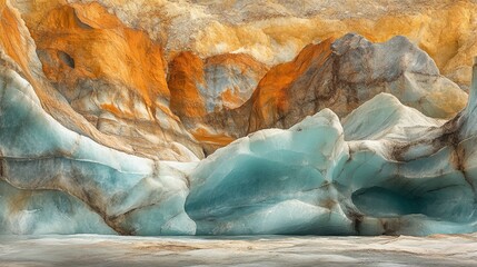 Wall Mural - A glacier with blue ice and brown and yellow rock formations in the background.
