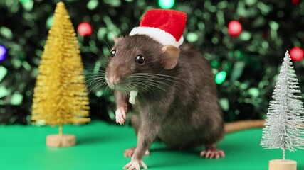 Poster - Colored rat on a green background. Mouse among toy Christmas trees. Pet in a red Santa hat. Bokeh from blinking lights of a festive garland. New Year concept